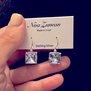 NOA ZUMAN EARRINGS STERLING SILVER 925 CZ Blue Crystal SQUARE DROP I…